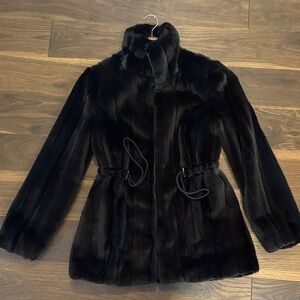 White House Black Market Elegant Faux Fur Black Drawstring Coat/Jacket XSP